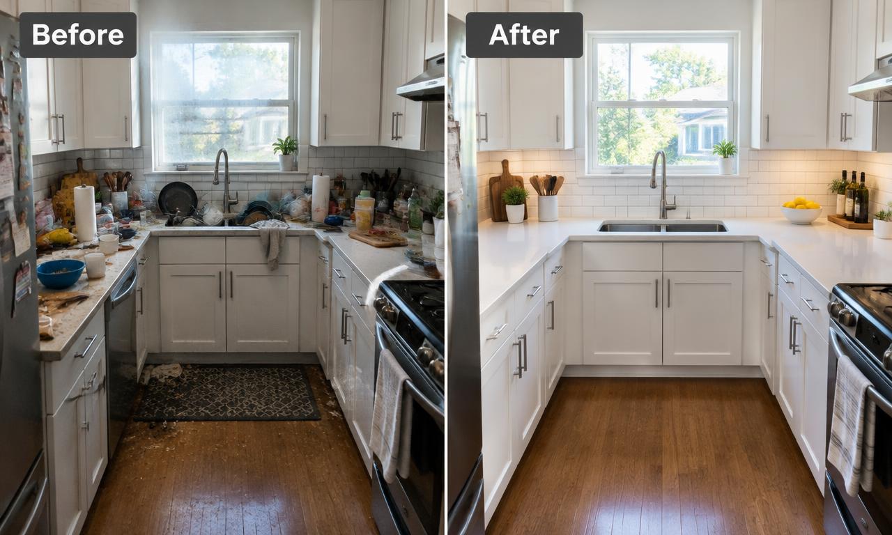 Kitchen before and after a Flawless deep clean